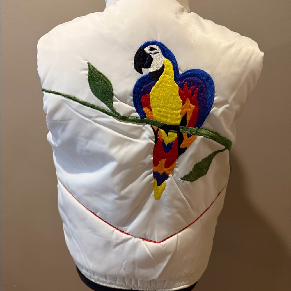 Vintage Ski Vest with Colorful Embroidered Parrot on Back